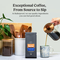 Bulletproof French Kick ground coffee closeup showcases finely ground beans ideal for quick brew.