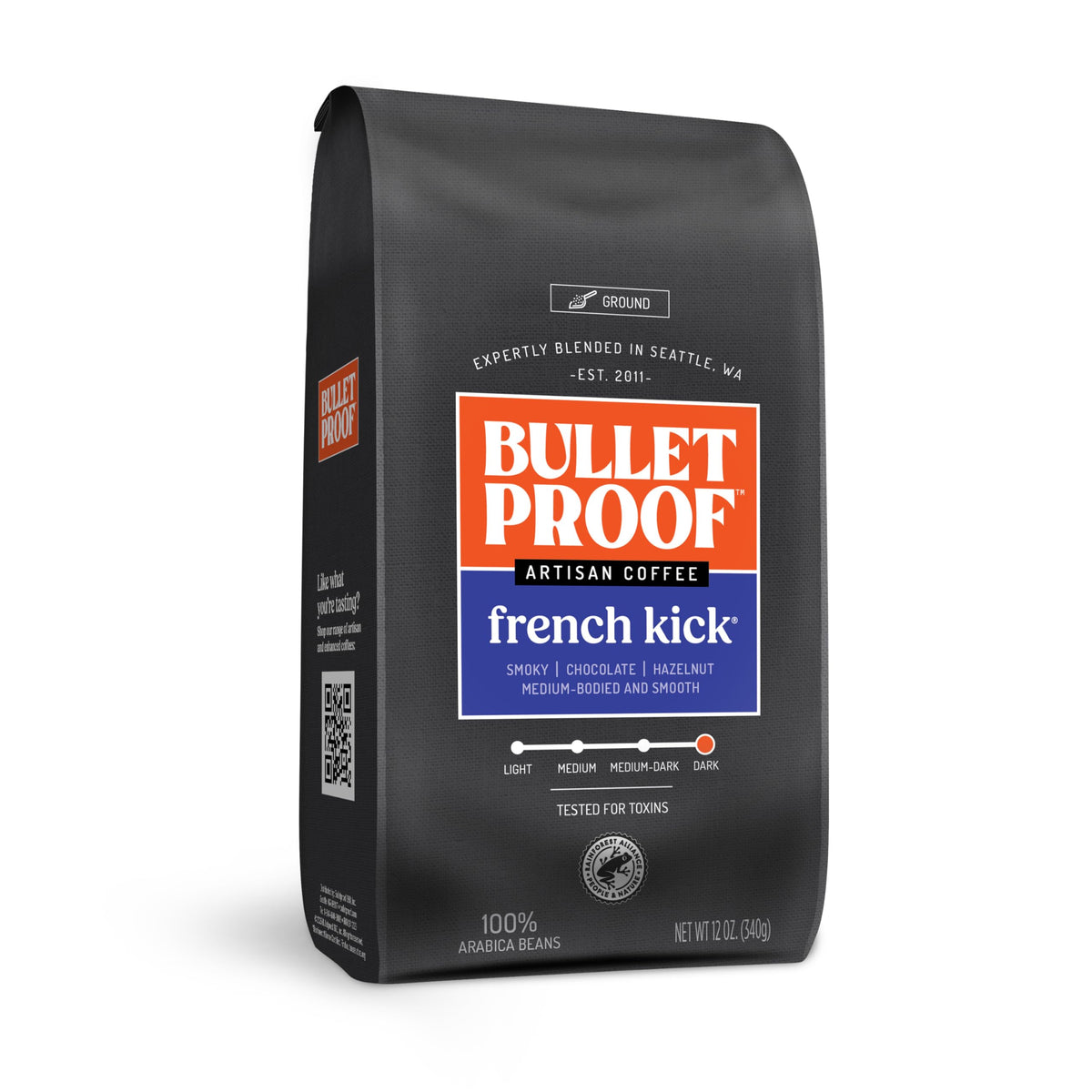 Bulletproof French Kick dark roast packaging highlights freshness and sustainable sourcing.