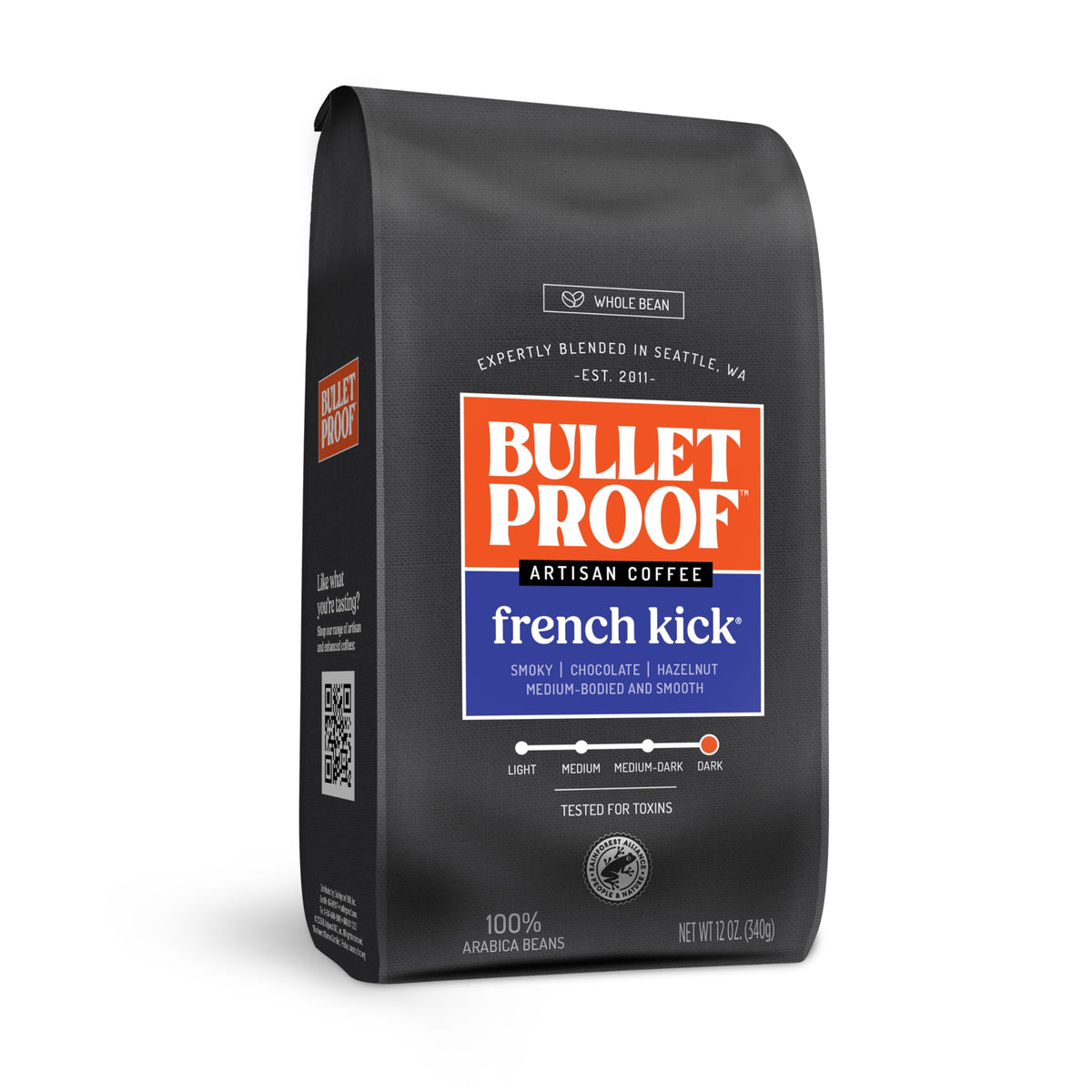 Bulletproof French Kick dark roast whole bean coffee 12oz bag for a fresh morning brew