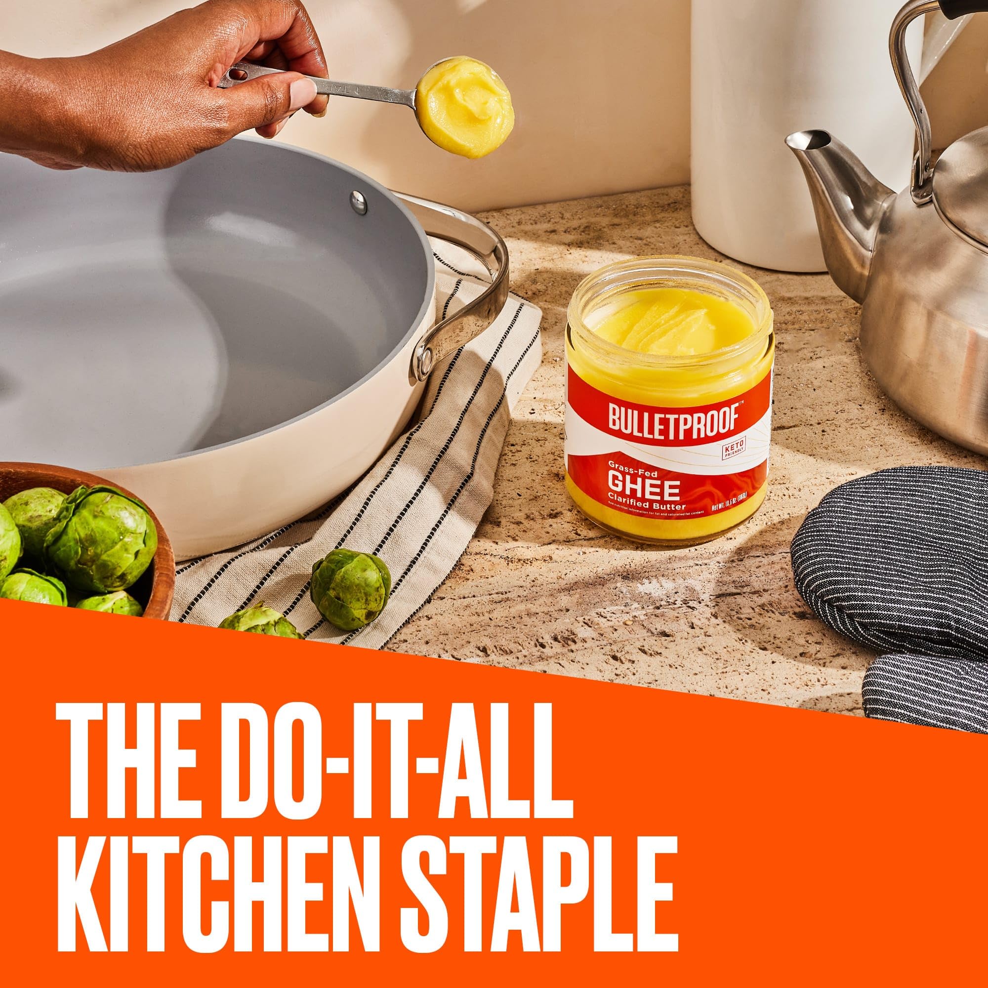 Bulletproof Ghee Smoke Point 485F underscores high-heat cooking with rich flavor retention.
