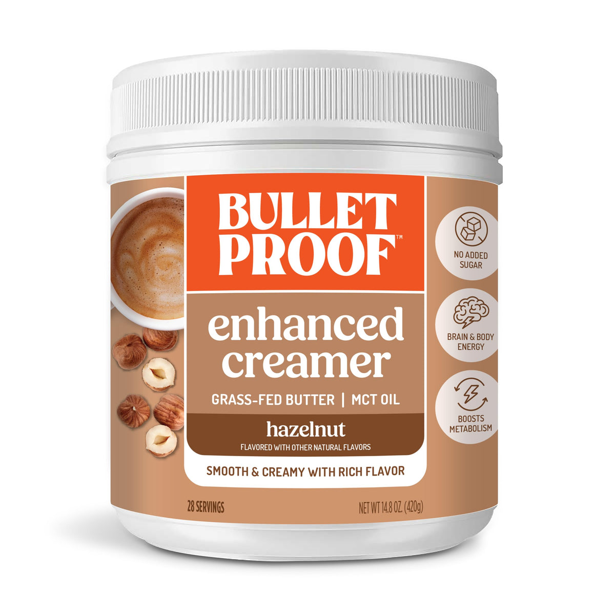 Bulletproof Hazelnut Creamer container with rich, keto-friendly flavor for coffee.