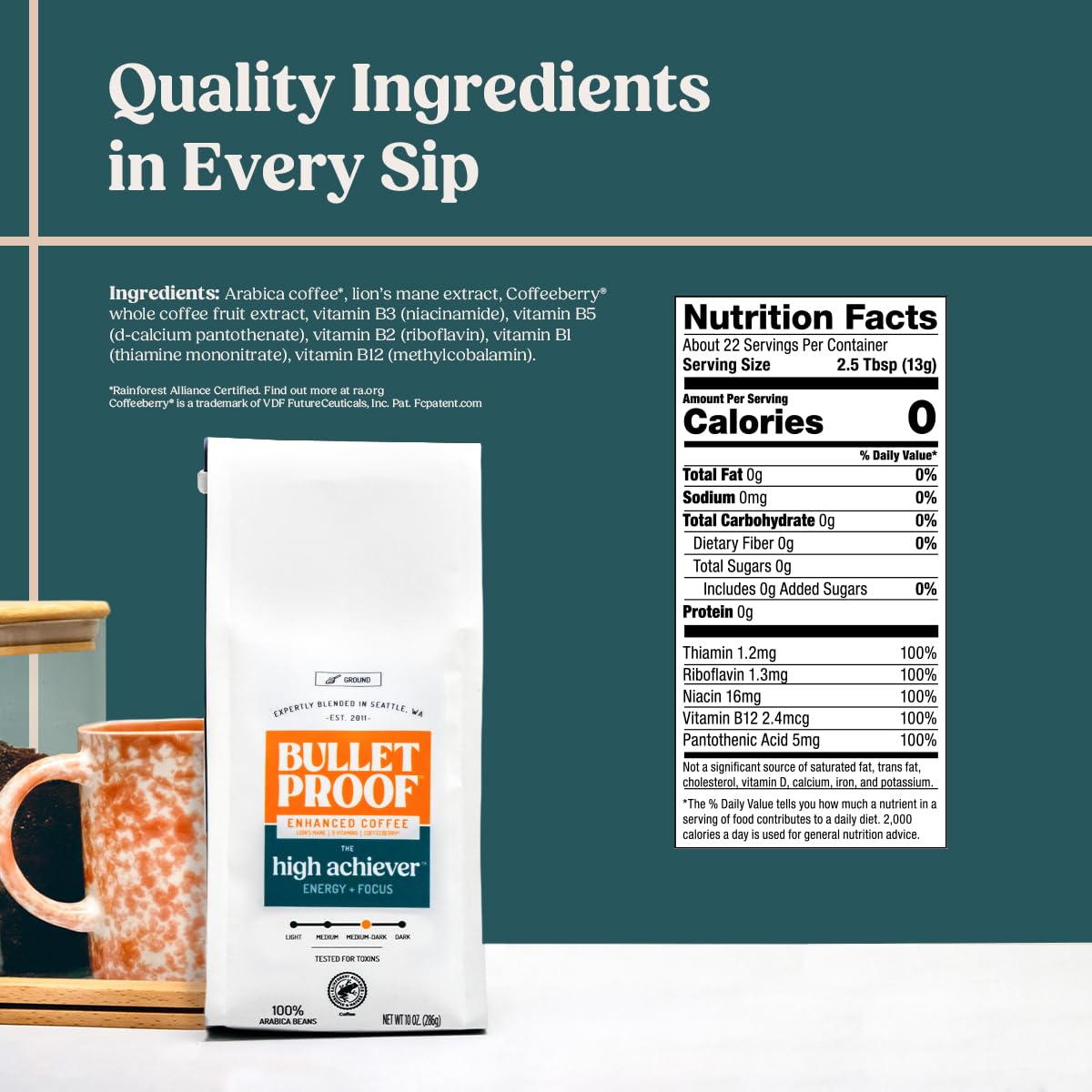 Bulletproof High Achiever ground coffee in medium-dark roast for rich flavor