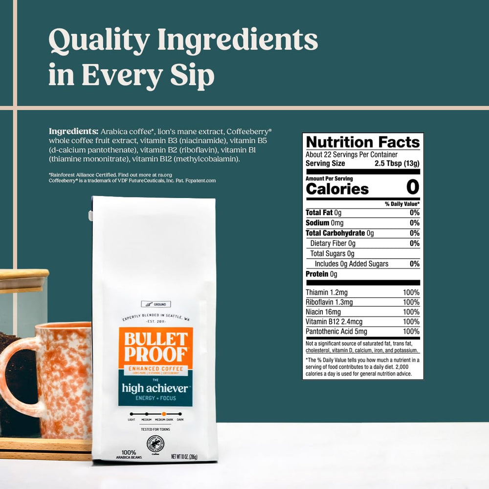 Bulletproof High Achiever ground coffee in medium-dark roast for rich flavor