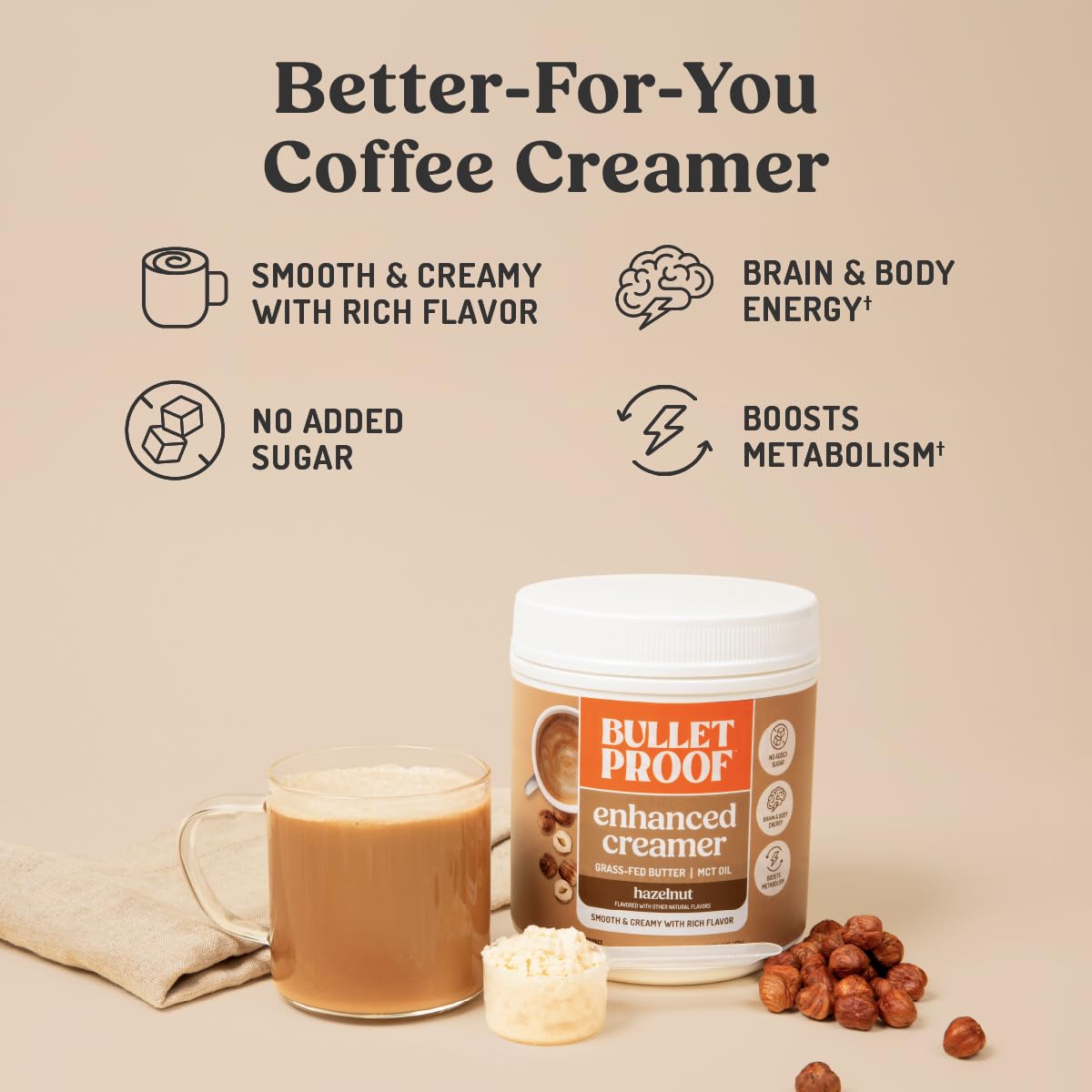 Bulletproof MCT oil and grass-fed butter ingredients shown beside hazelnut creamer label.