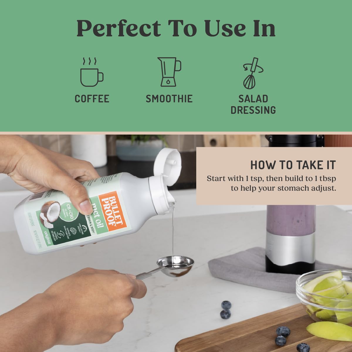 Bulletproof MCT Oil on kitchen counter with measuring spoon demonstrates precise dosing.