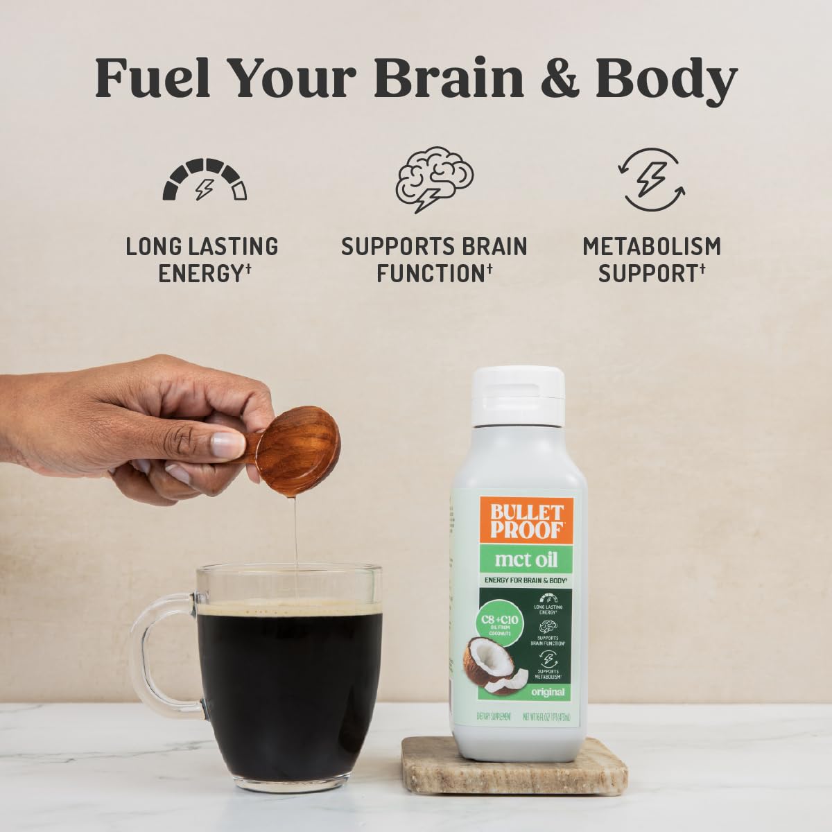 Bulletproof MCT Oil pour teaspoon into coffee for a flavorless energy boost.