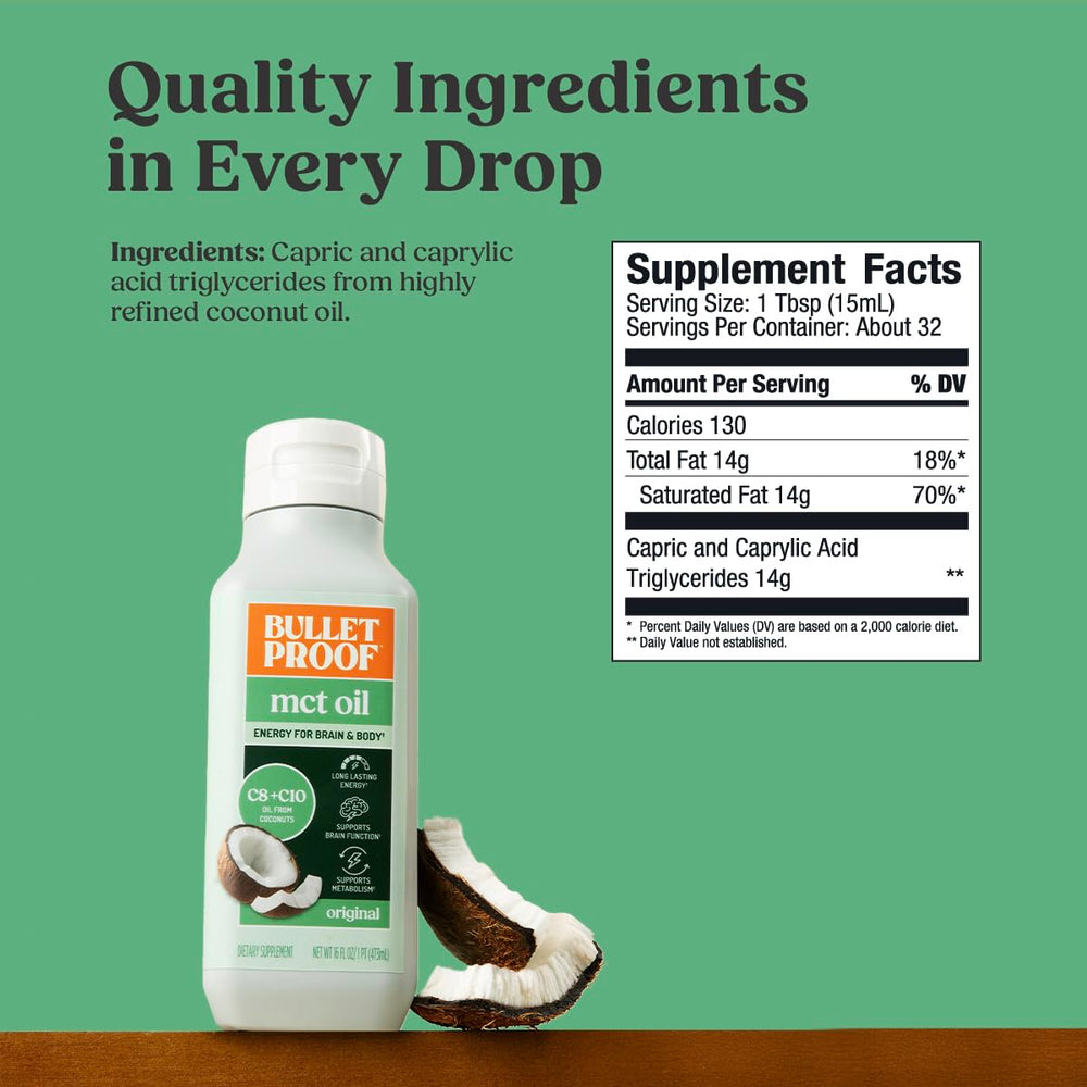 Bulletproof MCT Oil in smoothie ready setup suggests versatile recipe use.