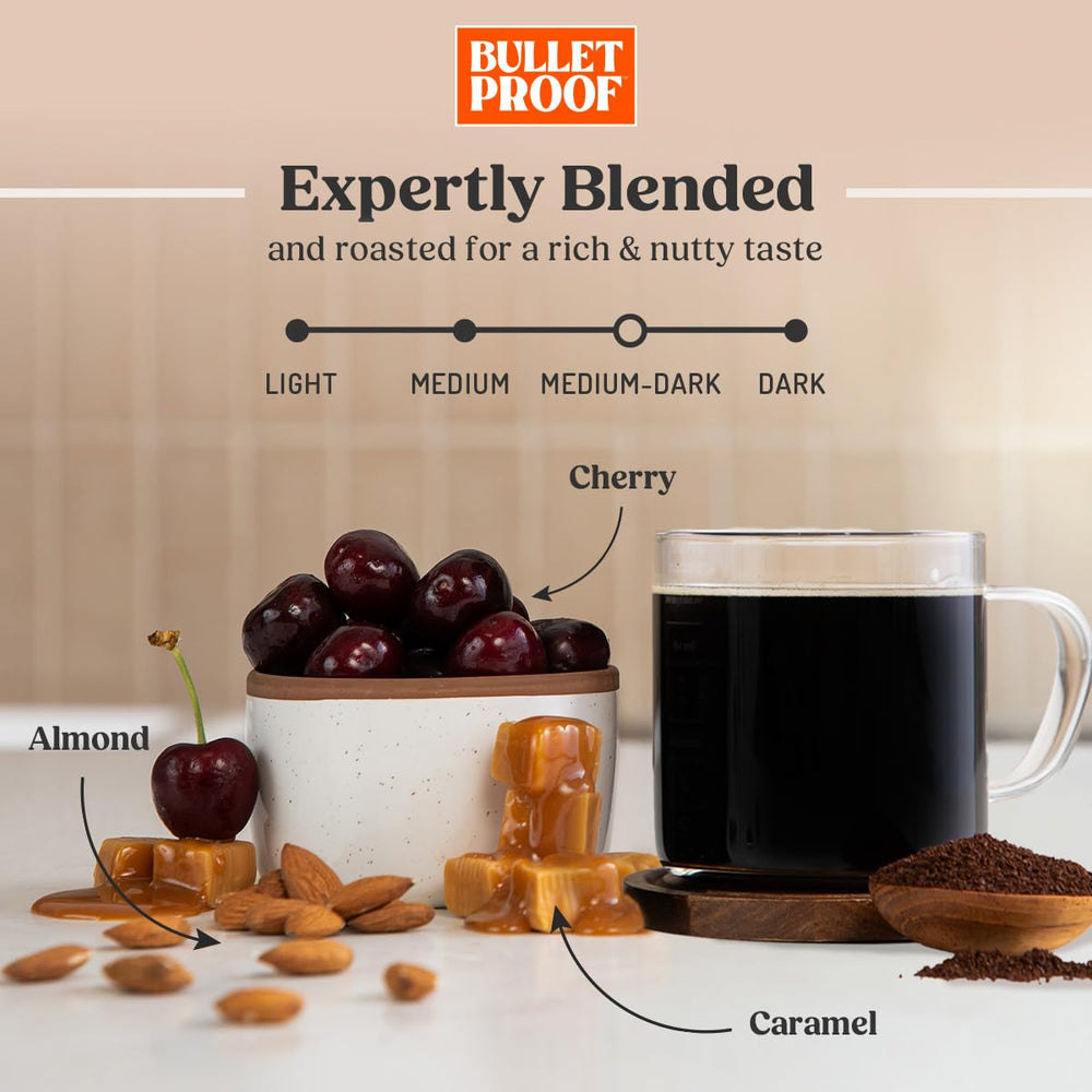 Bulletproof The Mentalist beans close-up, highlighting glossy roast and premium quality.