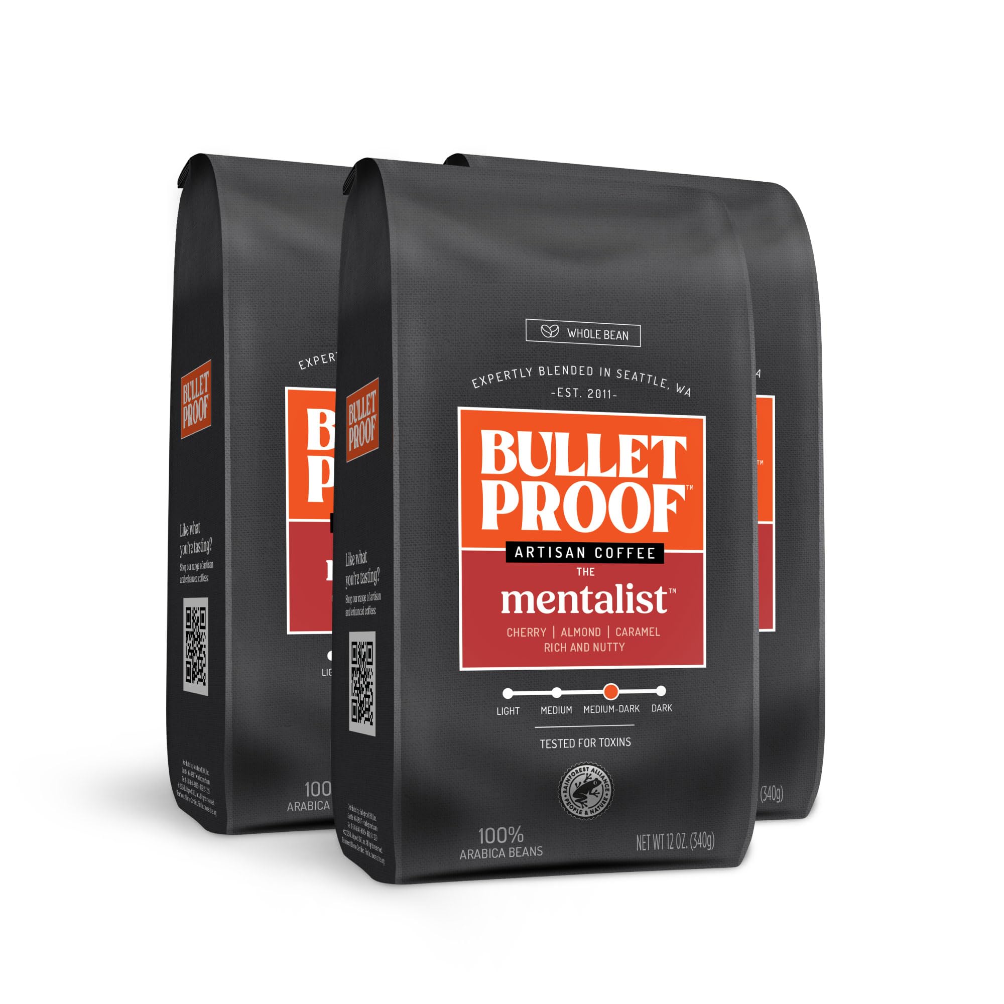 Bulletproof The Mentalist coffee pack3 bags on shelf, rich medium-dark roast.