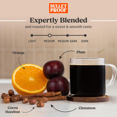 Bulletproof Original whole beans close up, glossy roast aroma.