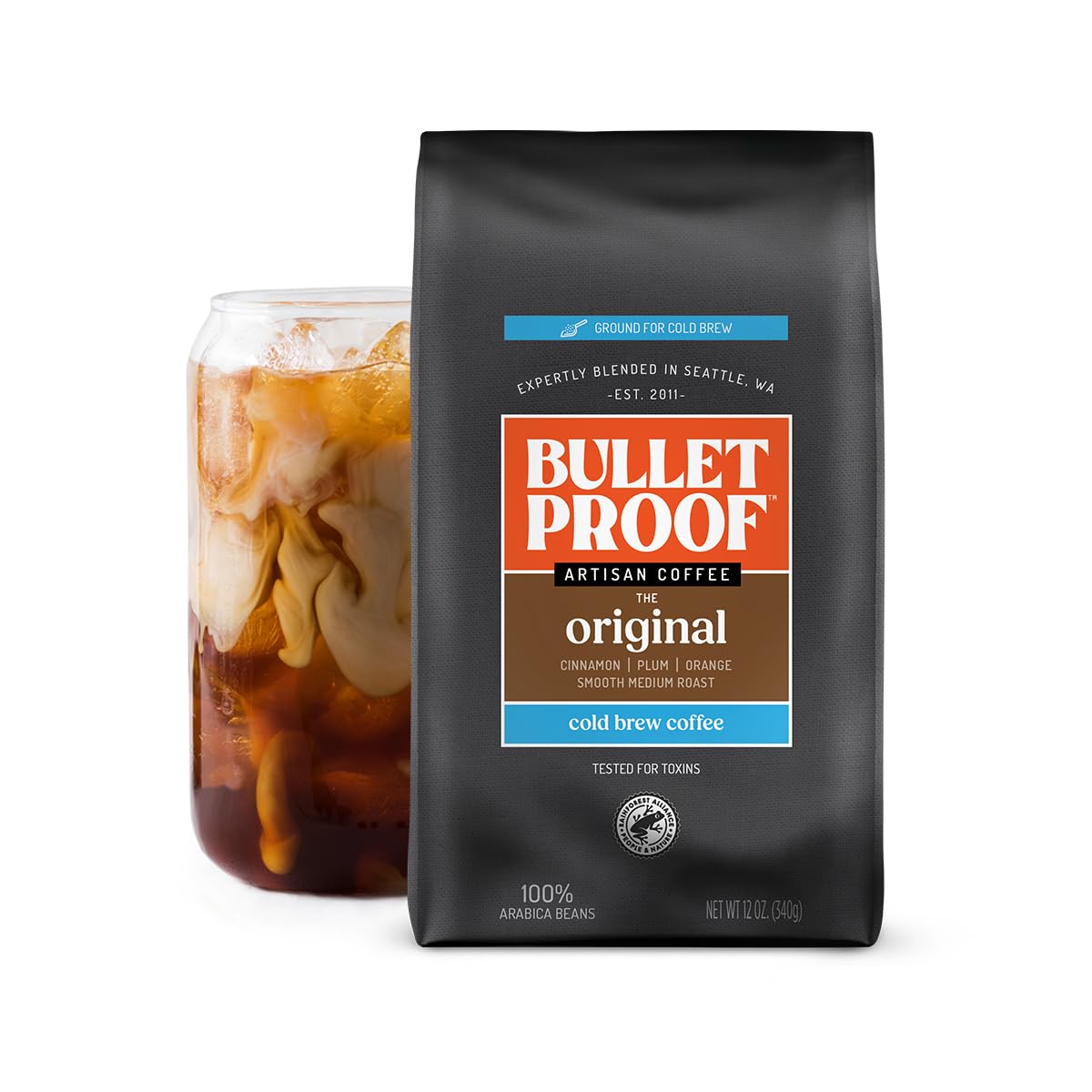 Bulletproof Original Cold Brew coarse-ground bag front, ideal for smoother at-home cold brew.