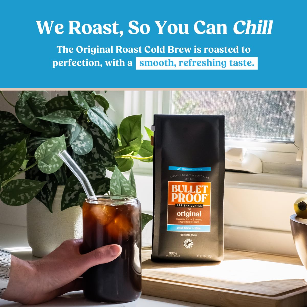 Bulletproof Original Cold Brew glass with ice, refreshing and ready to drink.