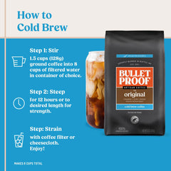 Bulletproof Original Cold Brew packaging back-label highlights sustainable sourcing and toxin testing.