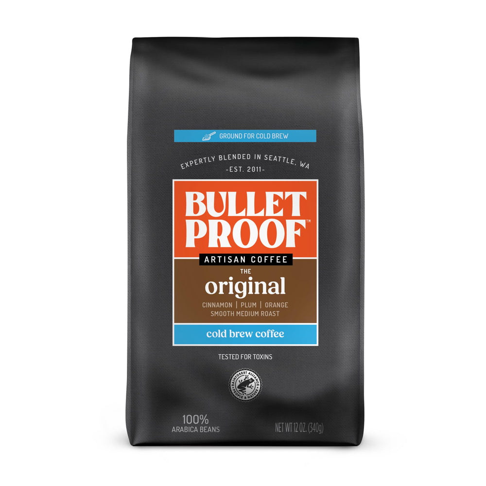 Bulletproof Original Cold Brew tasting set with cup, enjoy a smooth finish.