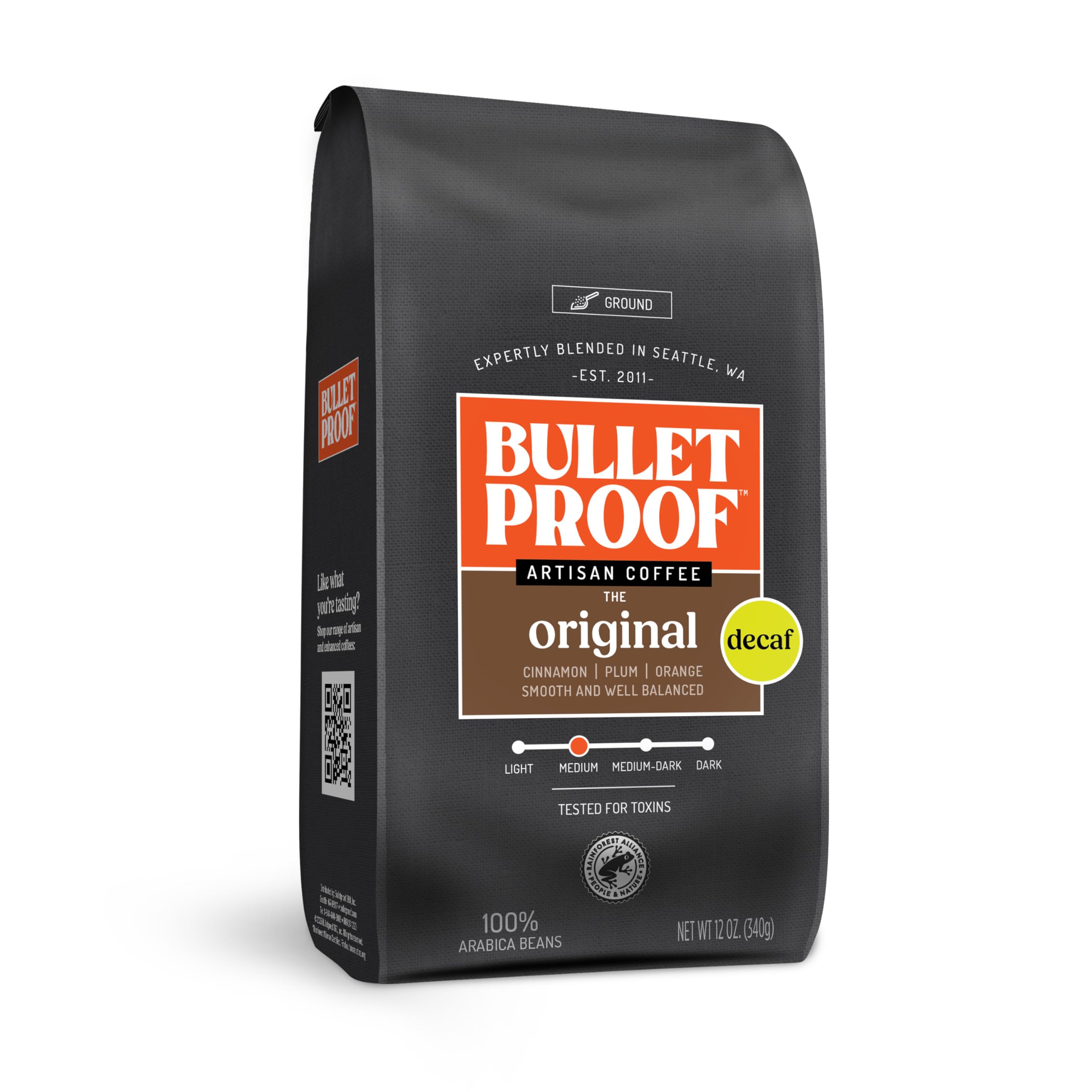 Bulletproof Original Decaf Ground Coffee bag with Arabica beans for a smooth, toxin-tested brew.