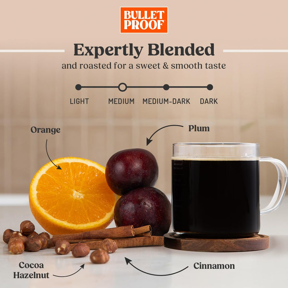 Bulletproof Original Medium Roast coffee beans closeup ready for grinding and aroma