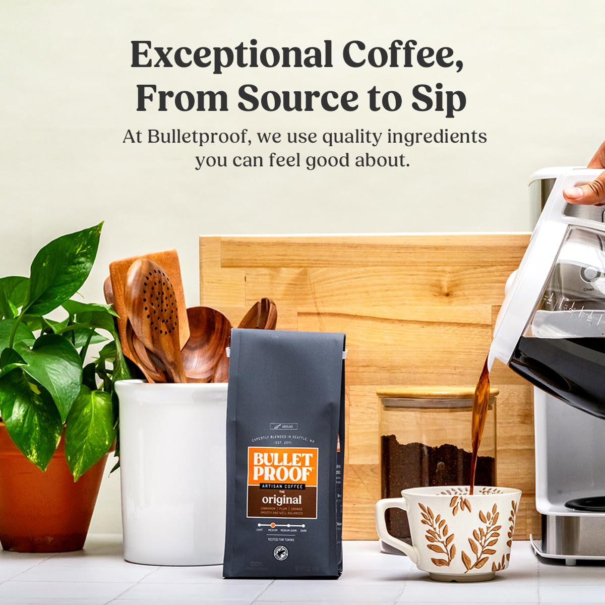 Close-up packaging label on Bulletproof coffee bag emphasizing sustainability.