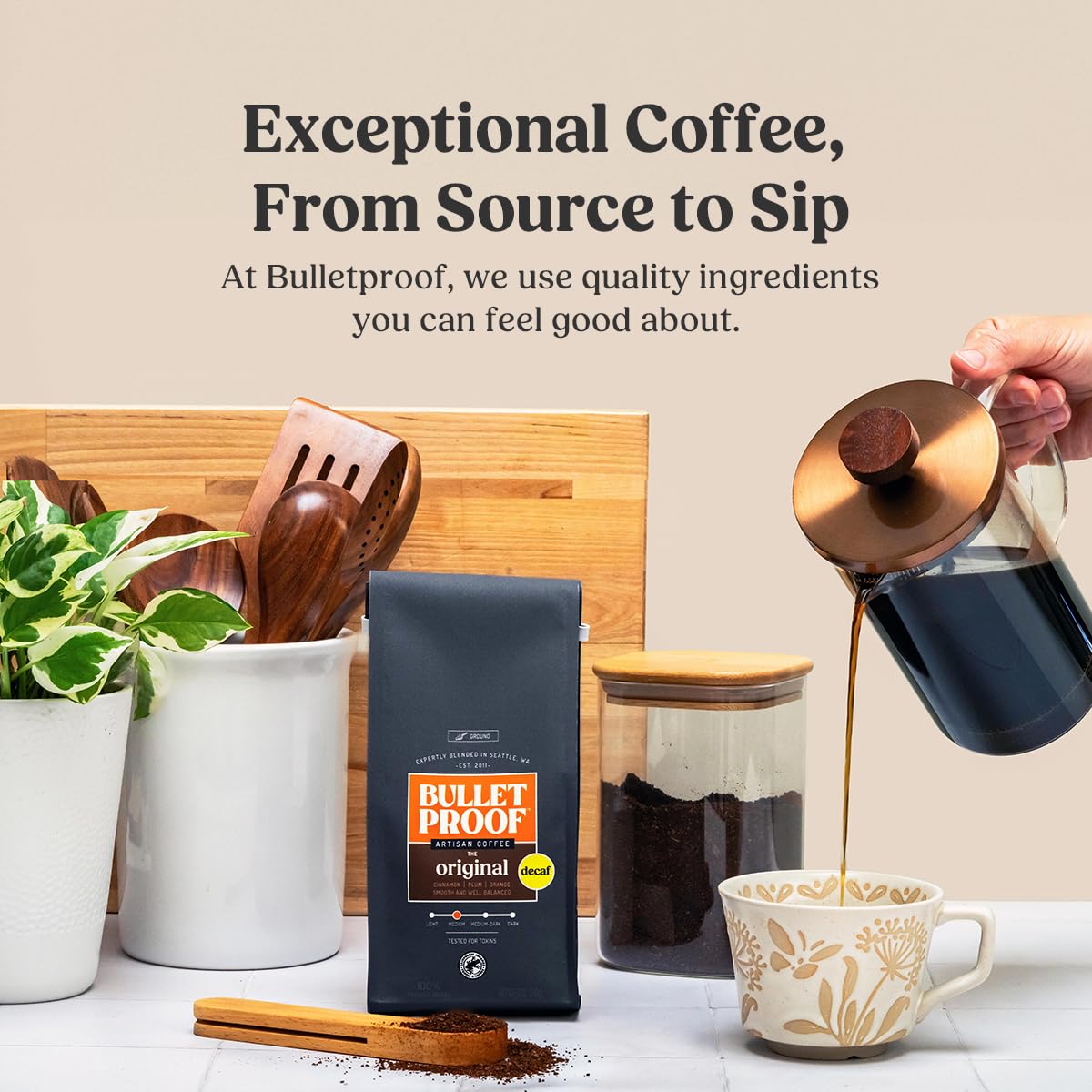 Bulletproof Rainforest Alliance certified coffee label signals sustainable sourcing.