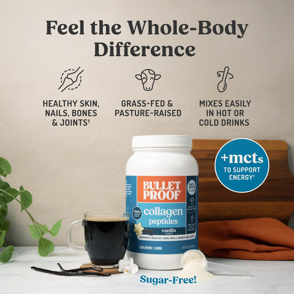 Bulletproof vanilla collagen powder in coffee cup for energy morning routine.