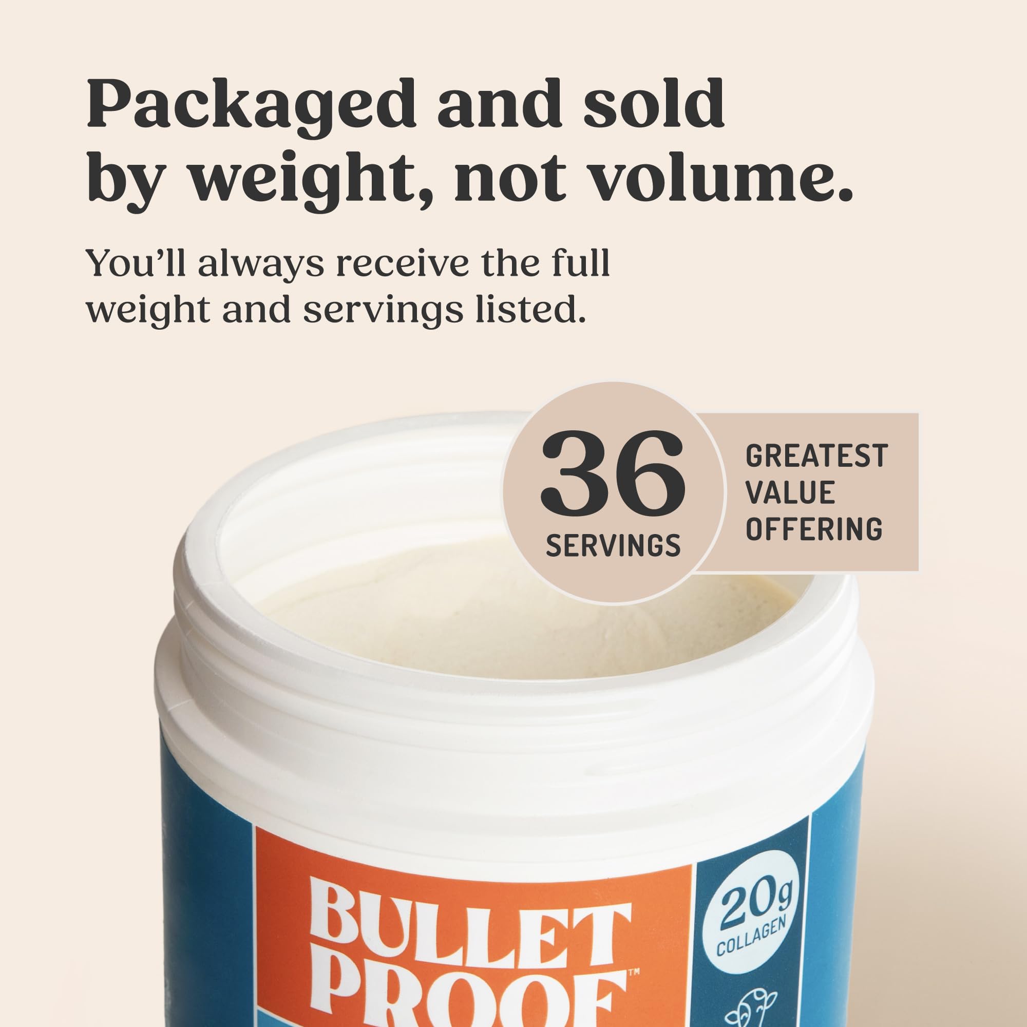 Bulletproof vanilla collagen powder label closeup noting sugar content and keto compatibility.