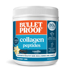 Bulletproof Vanilla Collagen Peptides MCT jar label showing vanilla flavor and keto-friendly benefits
