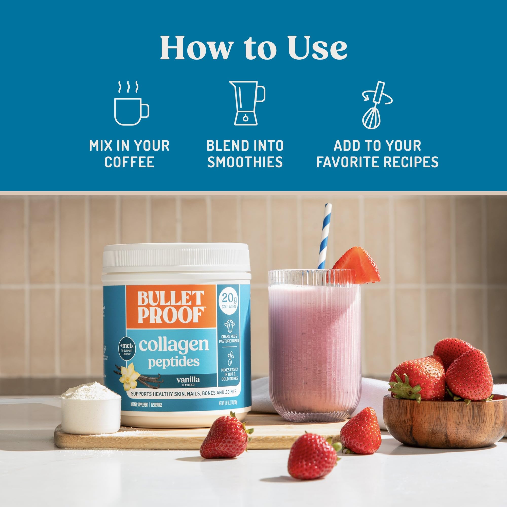 Bulletproof Vanilla Collagen Peptides measuring scoop beside tub