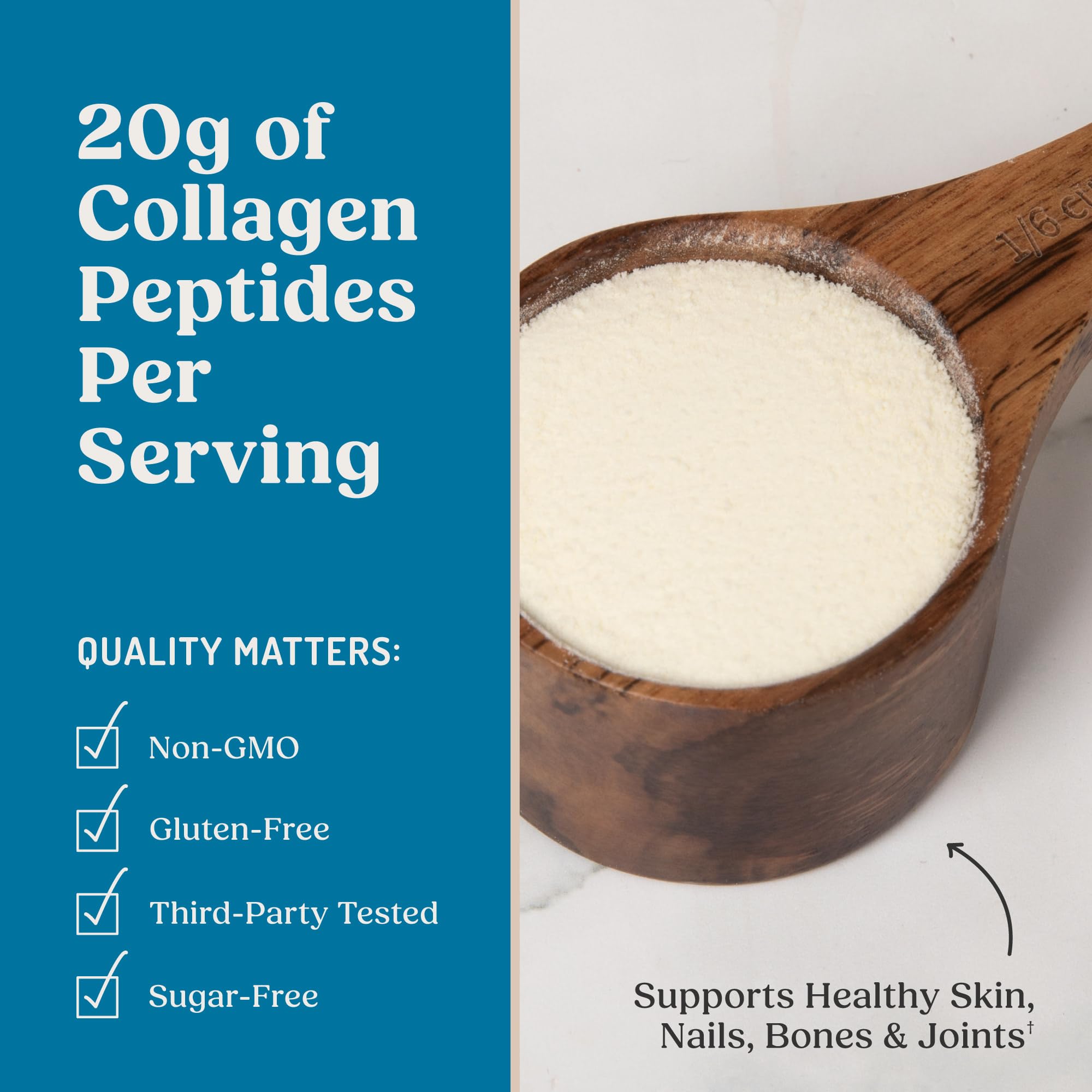 Bulletproof Vanilla Collagen Peptides tub closeup highlighting 20g collagen per serving