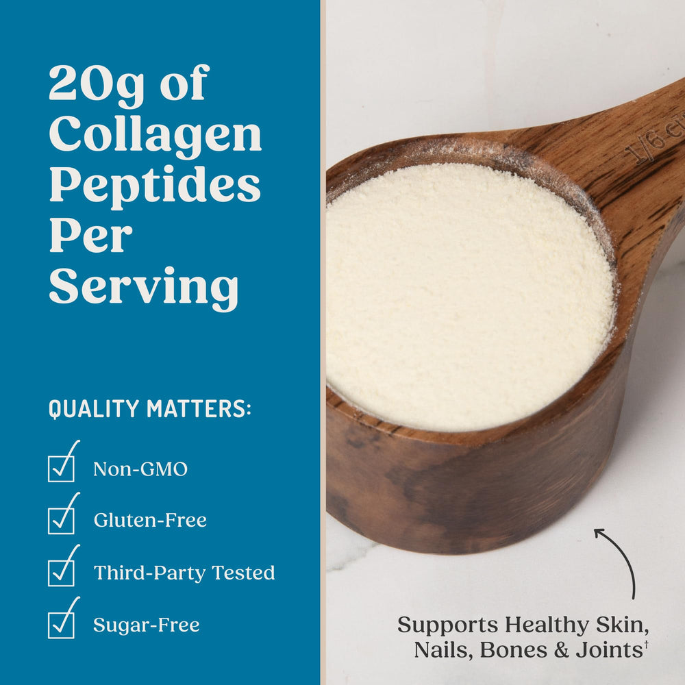 Bulletproof Vanilla Collagen Peptides tub closeup highlighting 20g collagen per serving
