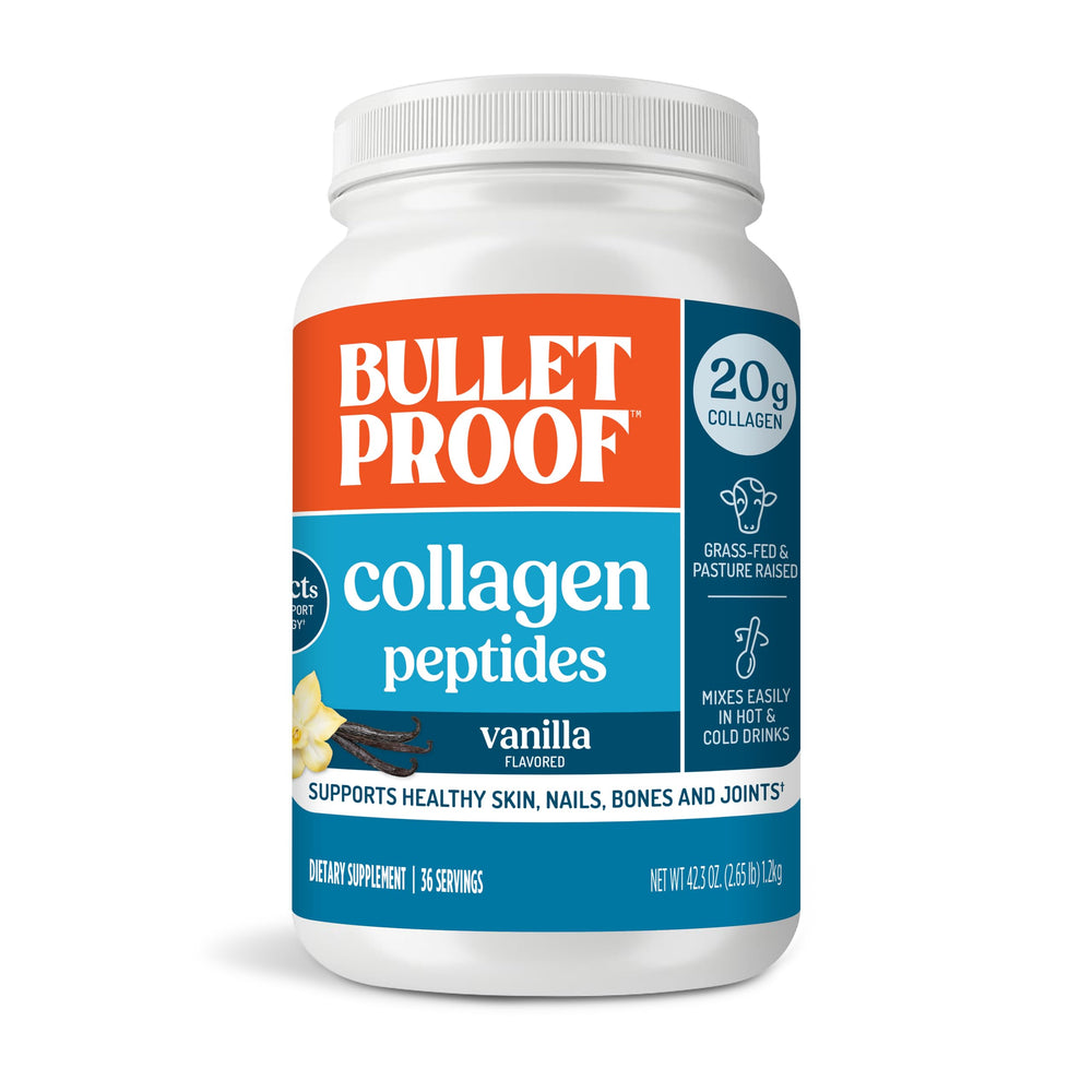 Bulletproof Vanilla Collagen Protein Powder jar promotes daily protein boost.