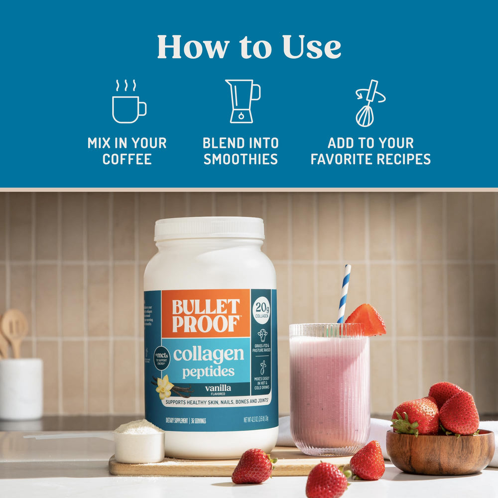 Bulletproof vanilla collagen powder added to smoothie bowl for nutrition.