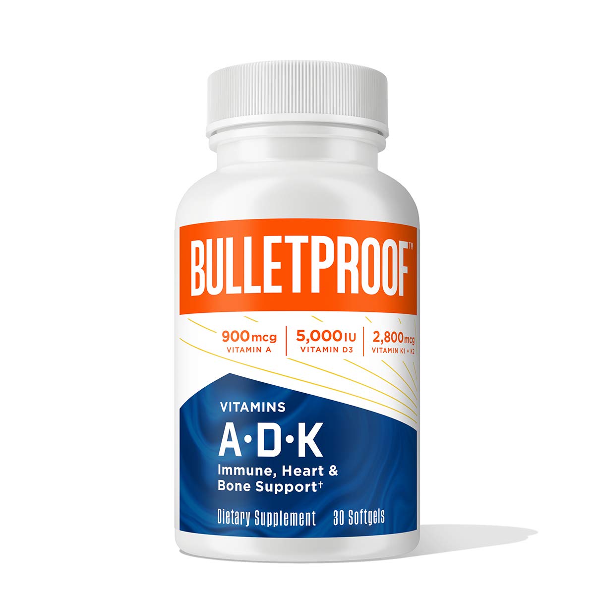 Bulletproof Vitamins A-D-K softgels bottle on a clean background highlighting immune support