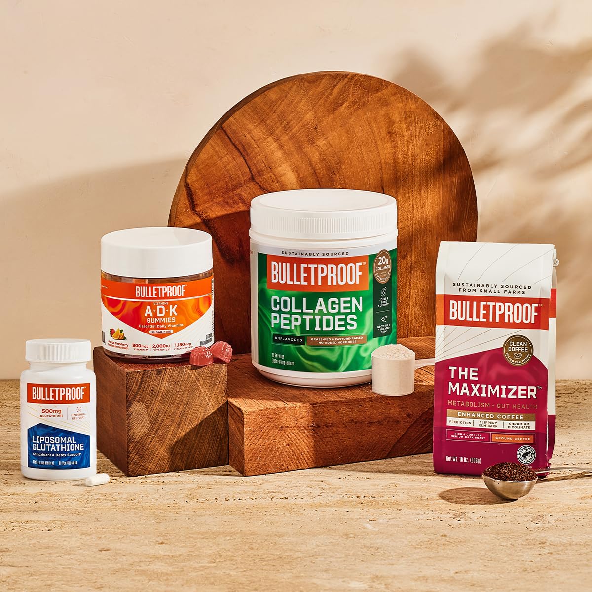 Bulletproof vitamins on a breakfast table with a meal to suggest daily routine