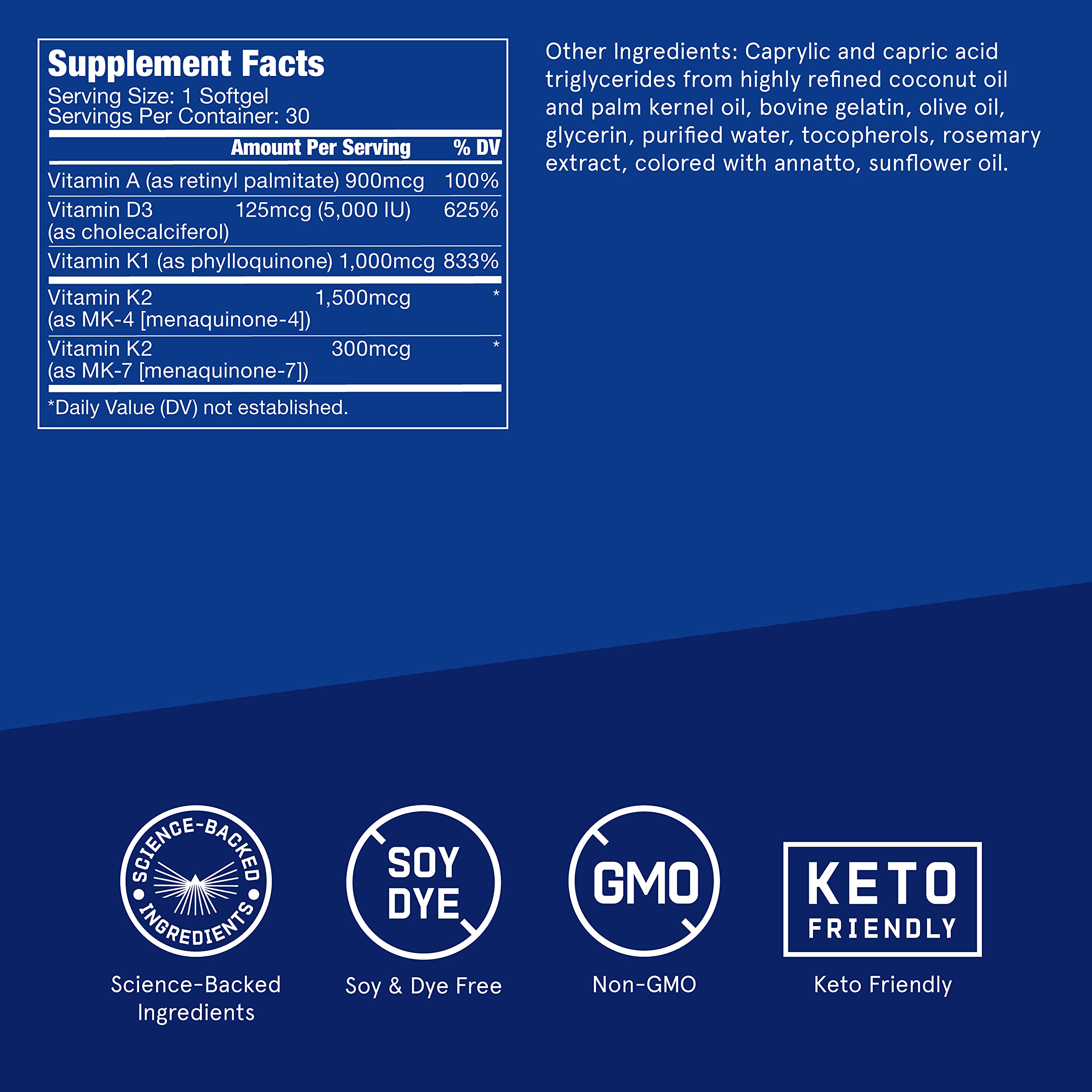 Bulletproof vitamins A-D-K softgels close-up shows texture and dosing for bone and heart health