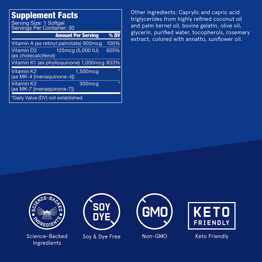 Bulletproof vitamins A-D-K softgels close-up shows texture and dosing for bone and heart health