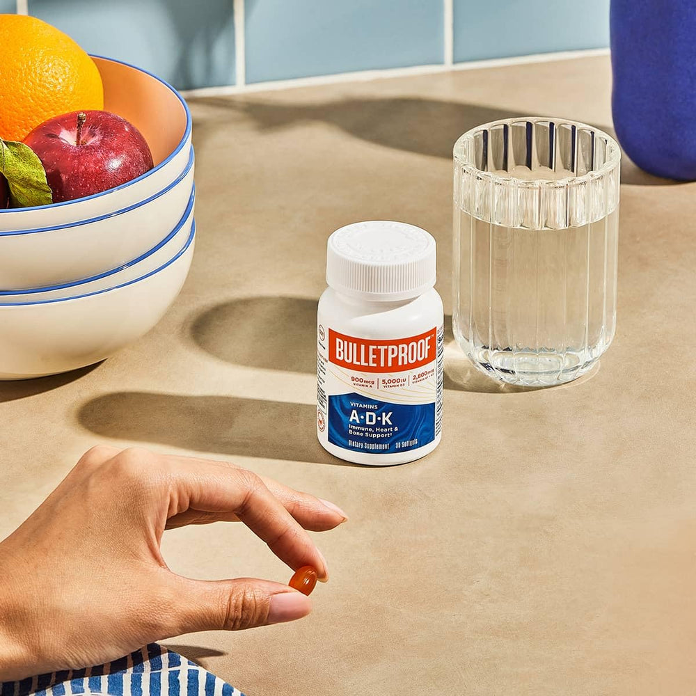 Bulletproof label close-up on the bottle communicates 30-count dosage and lab-tested purity