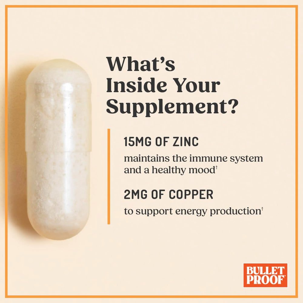 Bulletproof Zinc with Copper daily-use scene with capsule and glass of water