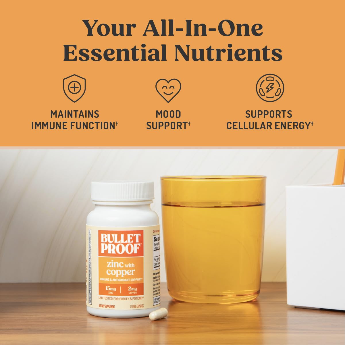 Bulletproof Zinc with Copper label closeup emphasizes non-GMO, sugar-free ingredients