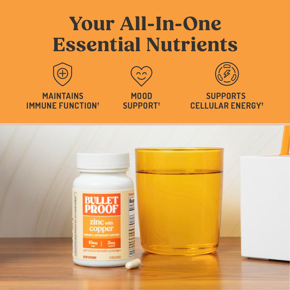 Bulletproof Zinc with Copper label closeup emphasizes non-GMO, sugar-free ingredients