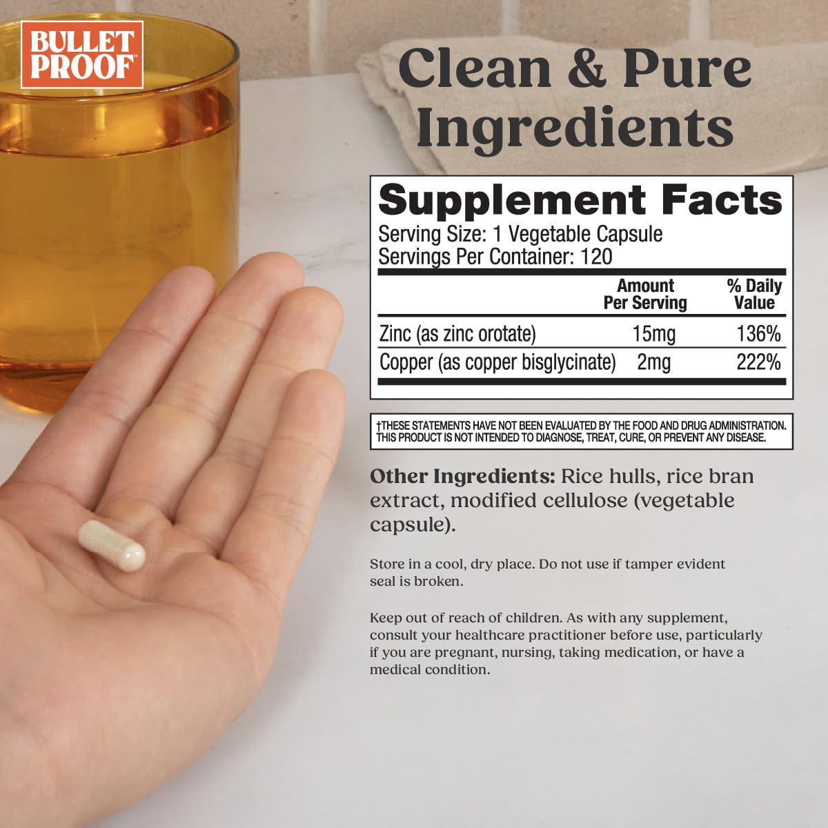 Bulletproof Zinc with Copper packaging detail highlights purity and gluten-free formula