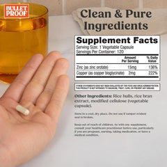 Bulletproof Zinc with Copper packaging detail highlights purity and gluten-free formula