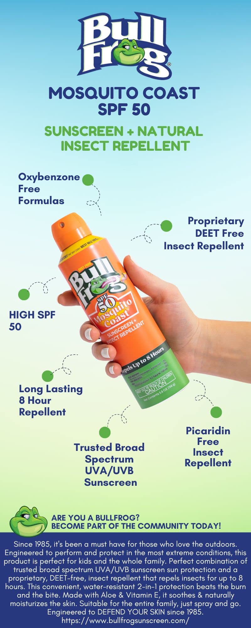 Bullfrog Mosquito Coast packaging highlights DEET-free, convenient 2-in-1 protection.