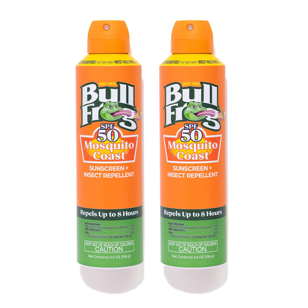 Bullfrog Mosquito Coast bottle front shows SPF50 protection with built-in insect repellent for outdoor days