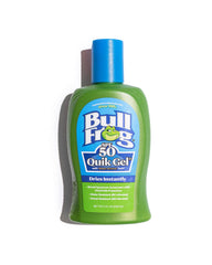 Bullfrog Quik Gel Sunscreen SPF 50 bottle with oil-free UVA/UVB protection.