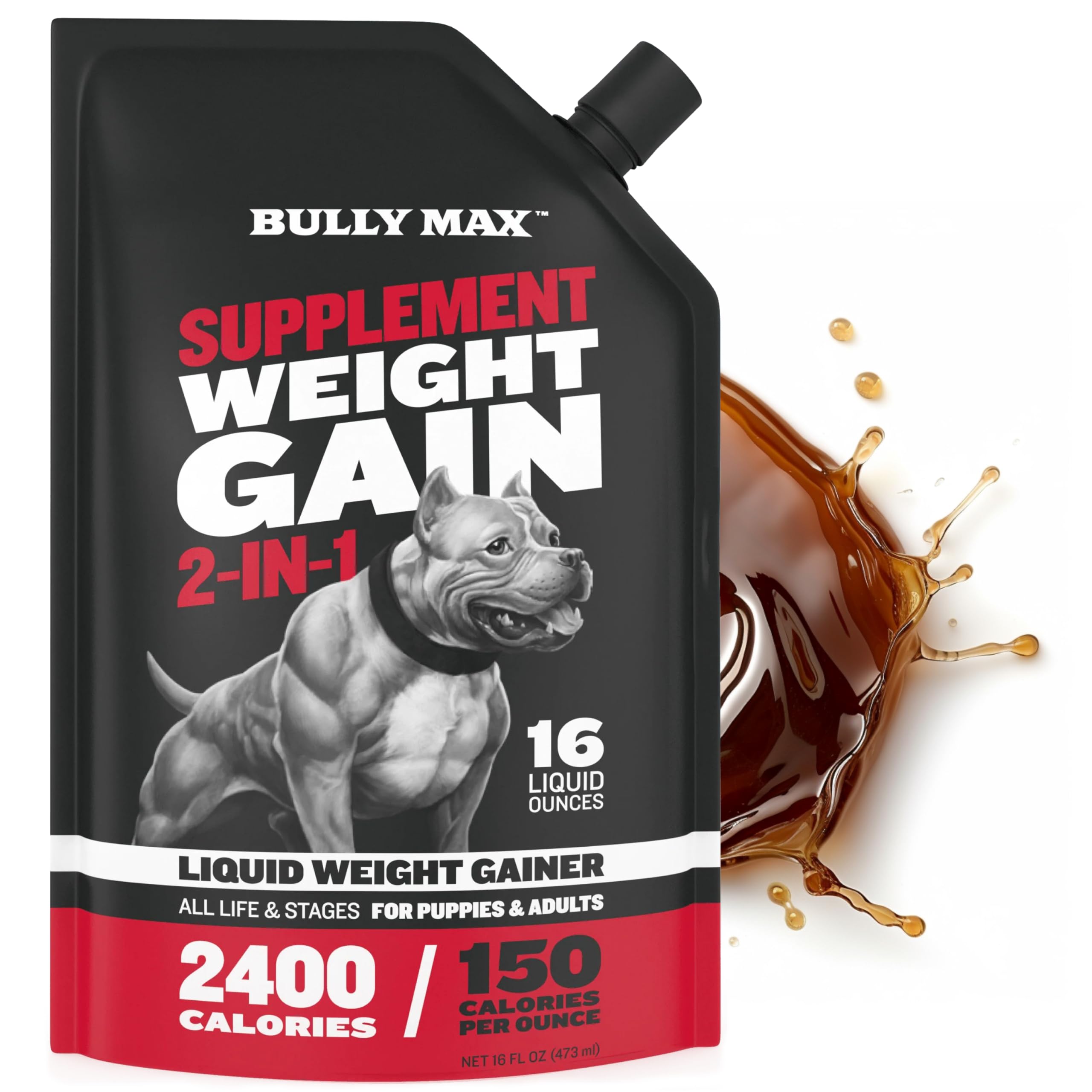 Bully Max Liquid Weight Gainer bottle front, high-calorie dog supplement.