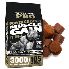 Bully Max Muscle Gain chews bottle displaying protein-packed support for muscle growth