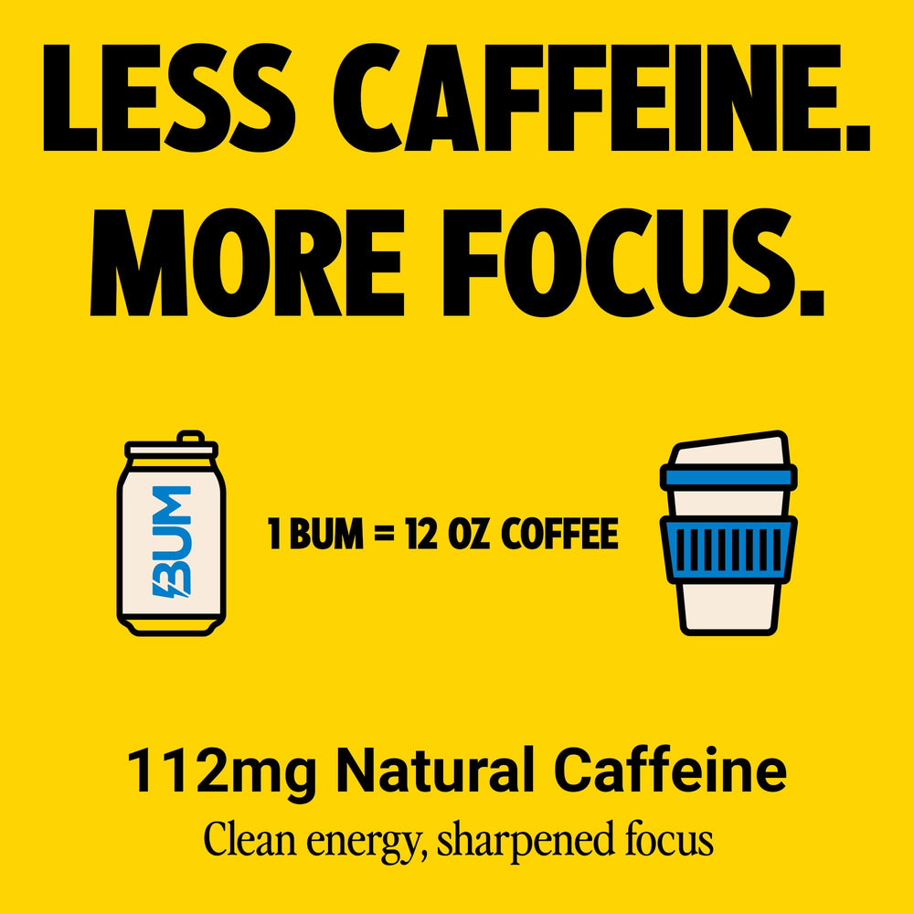 Bum Energy 12 oz can in hand highlighting convenient on-the-go use