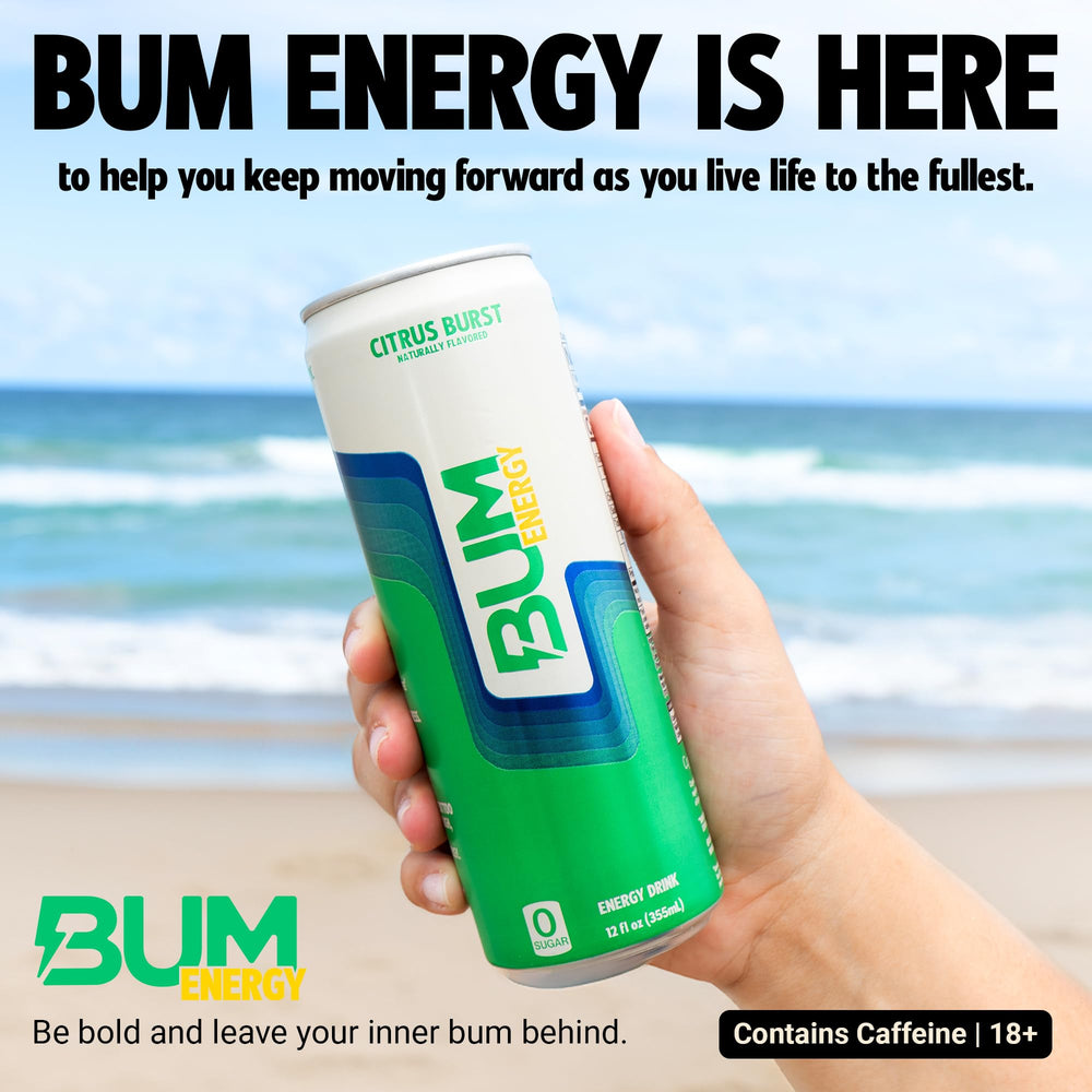 BUM Energy Citrus Burst can in a gym bag for on-the-go energy boosts.