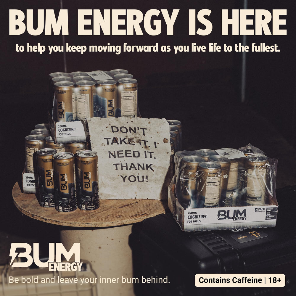 Bum Energy cognitive-friendly drink displaying natural caffeine and Cognizin for focus.