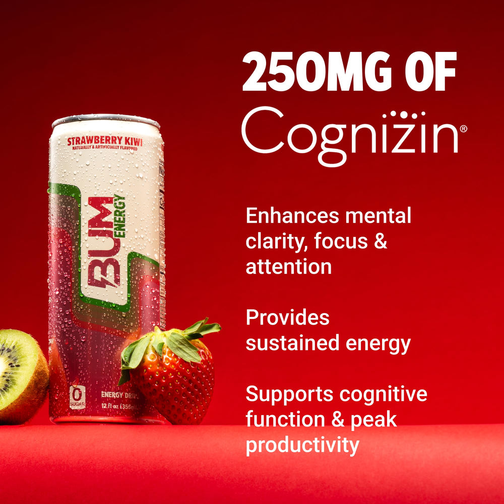 Bum Energy can poured into a glass showing refreshing flavor and aroma.