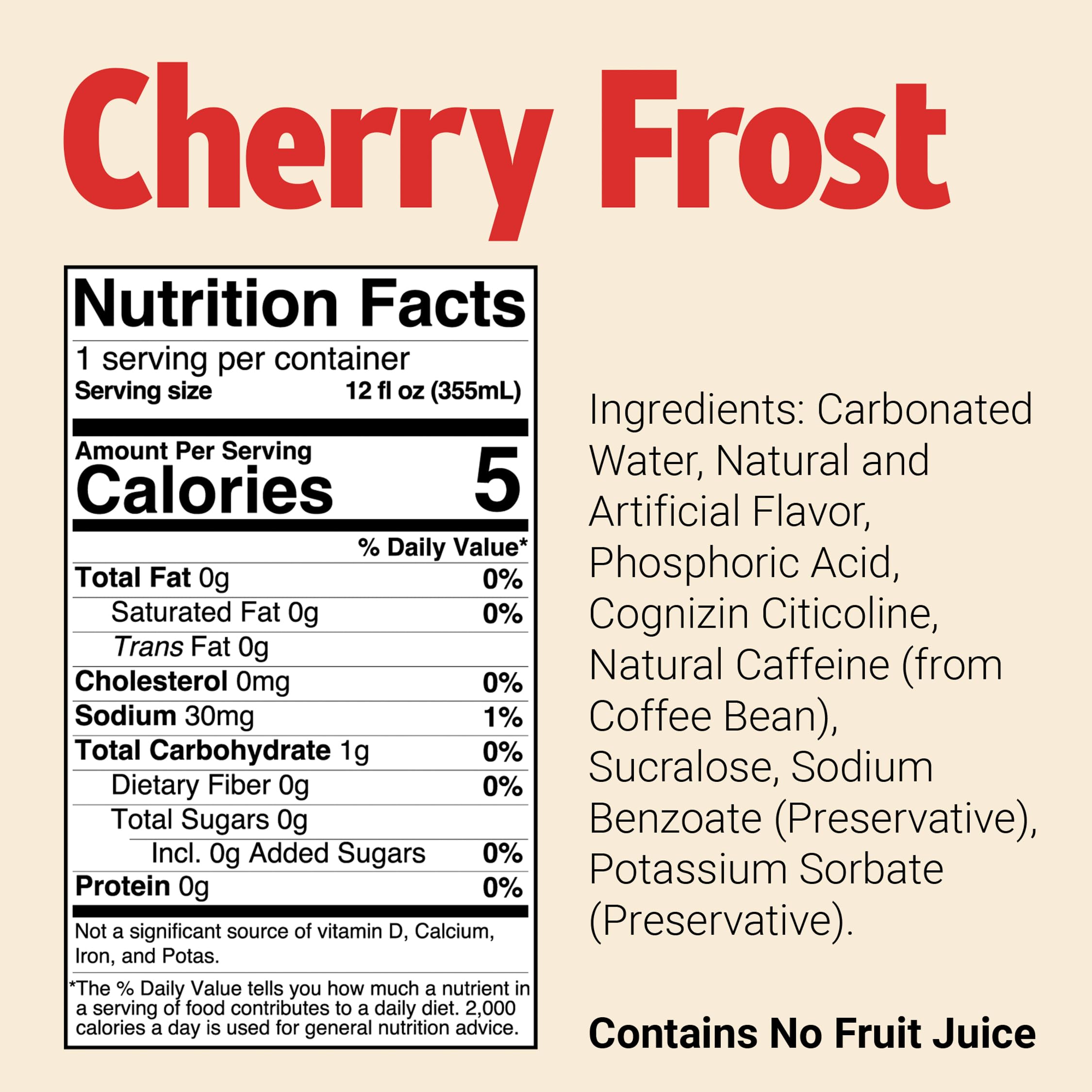 Bum Energy Cherry Frost bottle front highlighting natural caffeine for alertness.